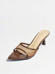 女士高跟凉鞋，经典透气网面，复古穆勒鞋设计，性感腰带，尖头露趾猫跟凉鞋，适合春夏穿着，可用于派对、户外、日常、婚礼、旅行、休闲、工作等场合，奢华镂空网面质感，舒适性感，高端巧克力棕色优雅高跟穆勒鞋。 - 巧克力棕 - 查看 5