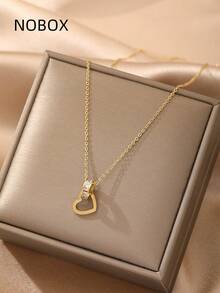 1件金色心形水钻镶嵌颈链，适合女性日常及节日佩戴 - 金黃色 - 查看 5