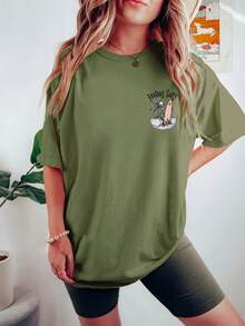 [Summer Beach Tee] High Stretch Women's Plus Size Casual Loose Fit Round Neck Short Sleeve T-Shirt |   "FEELING SALTY" Surf Skeleton Graphic Print, Machine Washable Summer Beachwear Top, Beach Vacation Outfit, Laidback Fashion, Breathable Tee, Statement Tee, Beach Loverswinter Clothes For Women - 綠色 - 查看 3