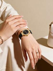 1pc Luxury Sparkling Women's Quartz Watch, Round Dial With Diamond-Encrusted Bezel, Gold-Plated Alloy Case, Elegant Minimalist Style, Perfect For Modern Casual Outfits - Black - View 4