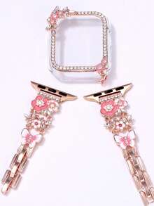 1/Set Watch Band+Watch Case, Participants In Pink Flowers Fringe Set Auger Butterfly Chain Metal Strap + Pink Flowers Fringe Butterfly Set Auger Hollow Out Pc Protection Case, Compatible With Apple Watch40/41/44/45mm, Compatible With Apple Watch Series Ultra3/2/1/ Se/11/10/9/8/7/6/5, Lovely Watch Band, Adjustable Smart Watches Accessories, Birthday Gifts, Anniversary Gifts, Weddings, Everyday Decorations Are Available - Pink - View 11