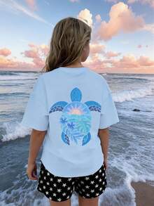 1pc Tween Girl Printed Short Sleeve T-Shirt, Student Youth Clothing, Summer Gift For Kids - Baby Blue - View 3