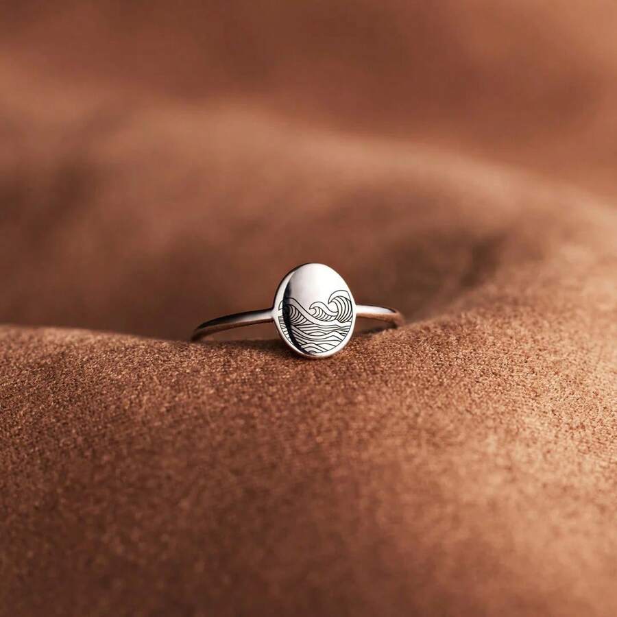 1pc Unisex Vintage Oval Wave Pattern Ring, Suitable For Daily Wear - Antique Silver - View 1