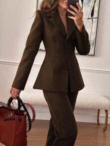 2pcs/Set Elegant Basic Slim Fit Blazer Jacket + Ankle-Length Pants, Suitable For Business, Commute And Daily Wear - màu nâu - Xem 4