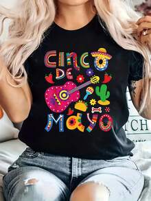 Camiseta Casual de Cuello Redondo de Poliéster con Patrón de Letras Mexicanas - Negro - Ver 6