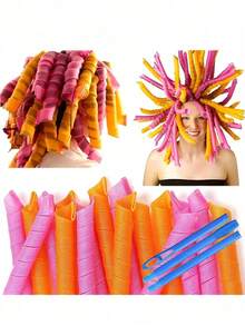 无需加热的螺旋卷发器套装，带造型钩，不伤发，隔夜即可轻松打造无热卷发，女士DIY长发和中长发卷发套装 - 彩色 - 查看 6