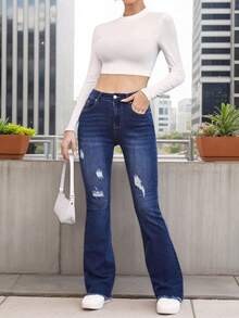 Pantalones vaqueros de mujer Skinny con elástico y rasgados, pantalones acampanados de cintura alta azules, leggings de mujer, jeggings acampanados, leggings acampanados para mujeres altas - Azul - Ver 5