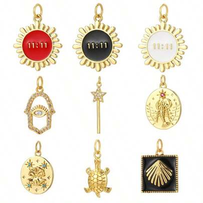 1件铜质太阳11:11邪眼五芒星魔杖天蝎座圆形圣甲虫珐琅贝壳吊坠，可DIY制作手链、项链、脚链、钥匙扣等饰品，适合个性化珠宝或礼品，也适合万圣节、圣诞节、生日、日常佩戴。