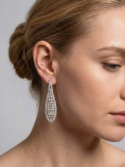 1 Bộ khuyên tai thiết kế mắt ngựa đính đá Cubic Zirconia sang trọng, phù hợp cho nữ giới dự tiệc cưới và các sự kiện, không kèm hộp quà.