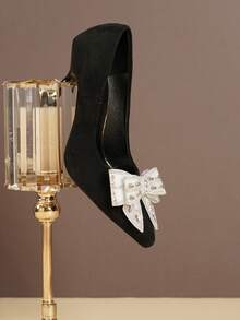 闪亮水晶蝴蝶结尖头细高跟鞋，派对及婚礼鞋 - 黑色 - 查看 2