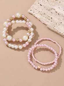 4pcs Set Women Elegant Faux Pearl Beaded Bracelets Combination Fashion Party Accessories - 粉色 - 查看 4