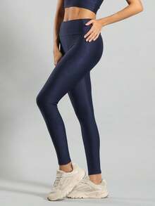 FITNATION Leggings Set With Waistband Pocket + Longline Cropped Top In Micro-Ribbed Fabric With SHINE And HIGH Elasticity And Support. - Navy Blue - View 4