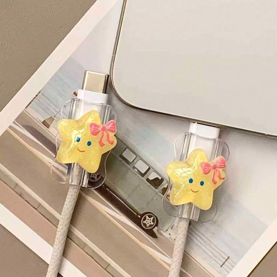 2pcs Cute Transparent Star & Bow Tie Design Data Cable Protector, 20W Universal Type-C Android Gift - Multicolor - View 1