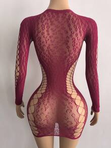 1件装女士性感黑色半透明网纱紧身迷你裙，适合派对、夜店、海滩等场合，紧身露肩短裙，女士性感内衣 - 酒紅色 - 查看 3