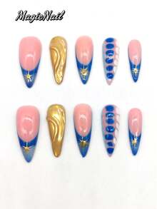 10 Pieces Of Pure Handmade Pressed Wearing Nail, 33mm Length Thin High Heel Nail, Pink Nail, Blue Nail, Gold Nail, Blue And White Spots, Golden Sunlight Pattern, Cute Pointed Nail. - Multicolor - View 1