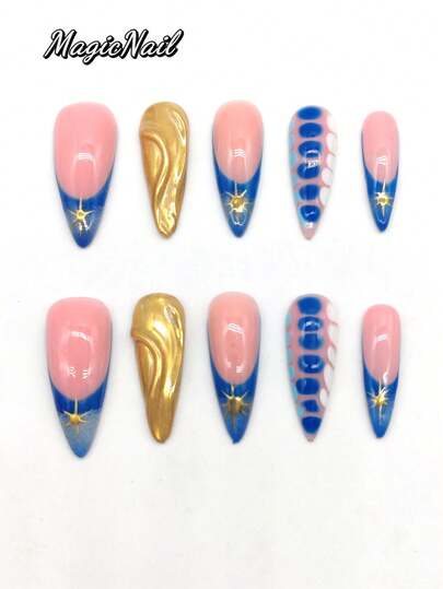 10 Pieces Of Pure Handmade Pressed Wearing Nail, 33mm Length Thin High Heel Nail, Pink Nail, Blue Nail, Gold Nail, Blue And White Spots, Golden Sunlight Pattern, Cute Pointed Nail.
