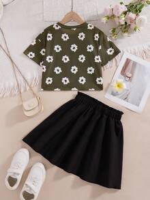 Ensemble 2 pièces pour filles, Top à manches courtes à imprimé floral avec épaules dénudées et jupe évasée à volants de couleur unie, style décontracté, printemps/été - Noir - Voir 3
