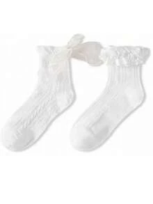 2 Pairs/4 Pairs Women Lace Trim Mid-Calf Socks, Casual School Style Socks, Home & Travel Socks - White - View 4