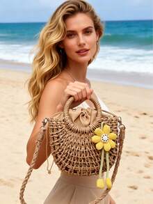 春夏新款草编手提包，时尚女士沙滩包，编织包，附赠绳饰，关注店铺即可获赠。 - 卡其色 - 查看 3