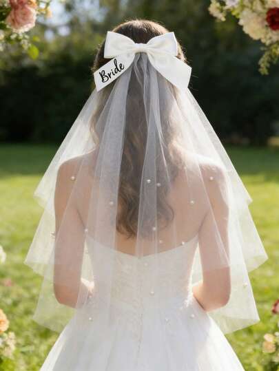 1件珍珠新娘蝴蝶结头纱，白色新娘发夹带头纱，适用于单身派对、新娘送礼会、婚礼当天早晨、订婚照配饰