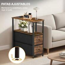 2 Pcs Mesita de Noche Buró para Recamara con Estación de Carga Mesas Auxiliares con 2 Cajones de Tela y Estante de 2 Niveles para Dormitorio Espacios Pequeños Mesa Auxiliar Mueble Lateral - NegroMadera - Ver 7