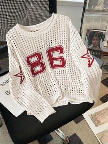 Women's New White Hollow-Out Numeric Jacquard Loose Knit Long Sleeve Top, Y2K Casual American Retro Fashion Comfortable Basic Fitness Running Cycling Spring/Summer Sweater - Multicolor - View 2