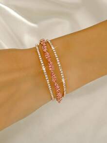 1 pieza Brazalete de cadena con garra totalmente enjoyado con diamante de imitación, elegante y lujoso para mujer, adecuado para uso diario y fiestas - Rosa - Ver 2
