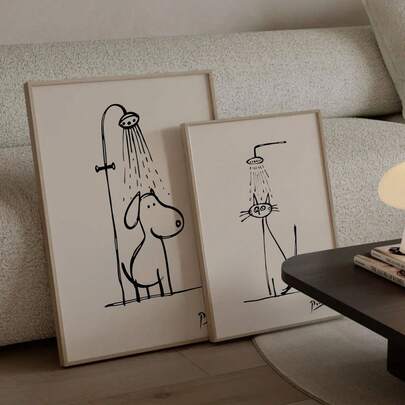 2件套 无框扁平黑色线条猫狗浴室墙面艺术帆布海报 可爱、简约、实用 浴室装饰 趣味猫狗浴室点缀 为浴室增添趣味的绝佳礼物