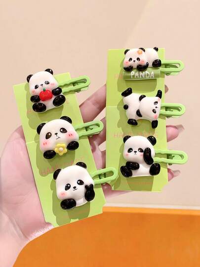 6pcs/Set Cute Panda Hair Clips, 3D Cartoon Panda Design With Lively Expressions, Decorated With Apple, Flower Elements - Suitable For Girls And Women, Can Be Worn For Daily, Party, Matching Retro, Sweet, And School Styles