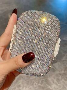1pc 7-Day Pill Box With Full Rhinestones, Available In Silver, Green, Blue, Pink. Suitable For Medication Storage, Contact Lens Case, Artificial Diamond & Elegant Jewelry Container, Large Capacity Portable Sealed Pill Organizer - View 2
