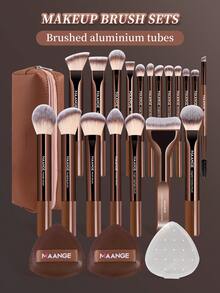 MAANGE 13/22pcs Professional Makeup Brush Set, Including 19pcs Soft Makeup Brushes, 1 Makeup Bag And 2 Makeup Sponges, Portable Travel Makeup Brush Kit For Eyeliner, Eyebrow, Lash, Lip, Blush, Foundation, Powder, Highlighter, Contour, Blending, Suitable For Liquid, Cream And Powder, Gentle On Skin, Ideal Gift For Women And Girls - Coffee Brown - View 2