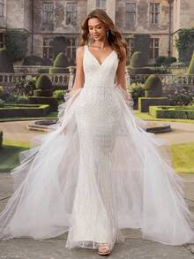 HEARBOBO Romantic Glamorous Deep V-Neck Sequin Prom Dress, Mermaid White Wedding Gown For Bride With Satin Ribbon Spring - White - View 5