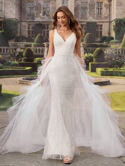 HEARBOBO Romantic Glamorous Deep V-Neck Sequin Prom Dress, Mermaid White Wedding Gown For Bride With Satin Ribbon
