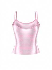 Vaiaye 女士时尚内衣风上衣，春夏条纹印花圆领修身休闲度假性感吊带背心，适合海滩度假和日常休闲穿着，粉色 - 粉色 - 查看 4