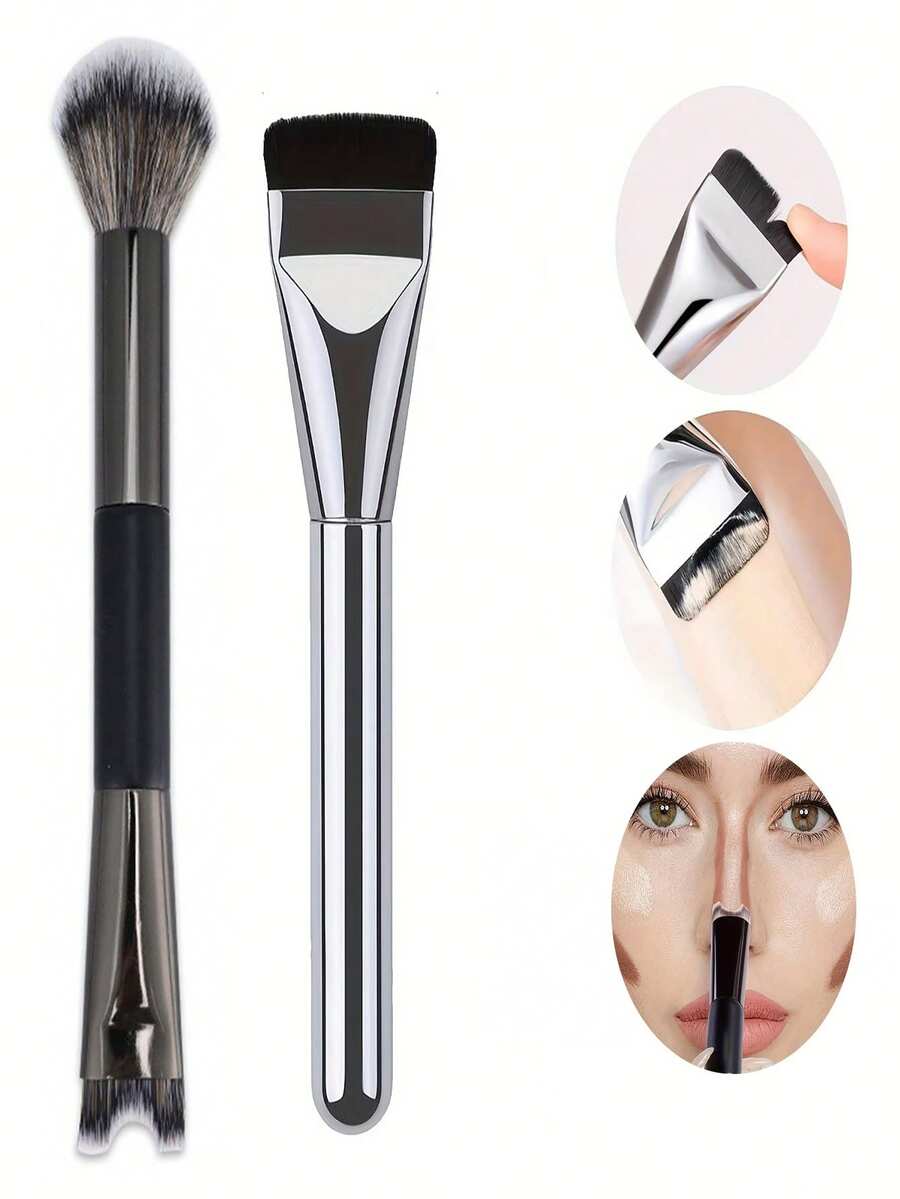 两件套多功能化妆刷：扁平粉底刷 + 双头 U 型轮廓刷