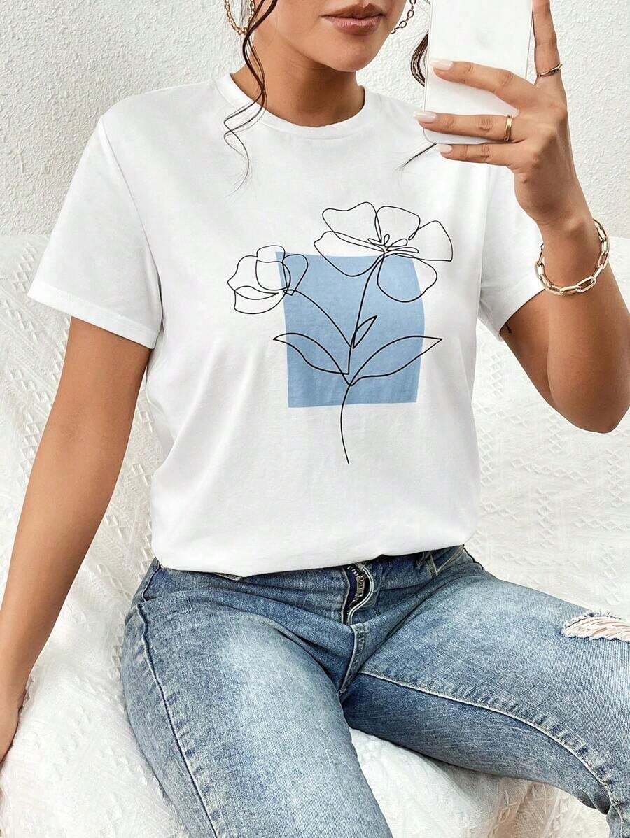 Camiseta Casual para mujer con corte holgado, estampado floral, cuello redondo y manga corta. Adecuada para verano. - Blanco - Ver 1