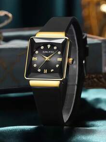 1件装奢华优雅女士石英表，方形表盘，镶嵌闪亮钻石的混合刻度，镀金合金表壳，精致简约风格，完美搭配现代休闲装束。 - 黑色 - 查看 3