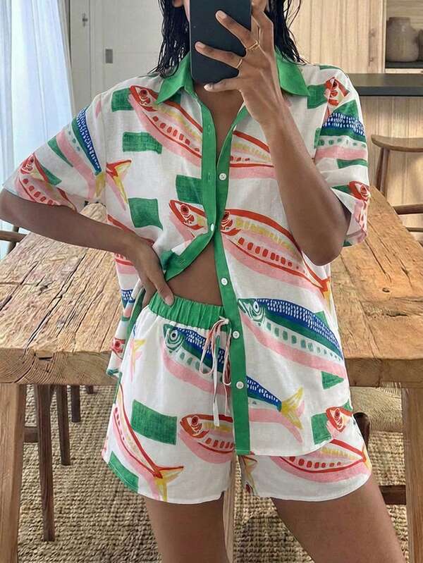 Women's Fashion Casual 2-Piece Set, Including Colorful Fish Print Short Sleeve Shirt And Drawstring Shorts, Suitable For Summer Parties And Beach Vacations