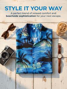 Men's Hawaiian Shirt,Coconut Tree Print Short Sleeve Shirt,  Vacation Beach Shirt, Tropical Floral Shirt, Summer Shirt, Palm Tree Shirt, Casual Button Down Shirts, Hawaiian Print Shirt, Palm Tree Shirt,Lapel Collar, Regular Fit, Spring/Summer Beachwear - Màu xanh lam - Xem 3