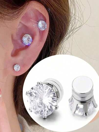 2pcs Sparkling Zirconia Decor Magnetic Clip-On Earrings, Retro Bohemian Style, No Ear Piercing Needed, Unisex, 8mm