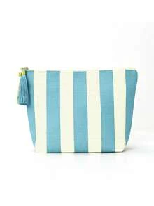 1pc Black & White Striped Canvas Cosmetic Bag, Contrast Zipper & Tassel Decor Toiletry Pouch, Minimalist Style Storage Bag, Suitable For Travel And Daily Skincare/Makeup Organization - Multicolor - View 12