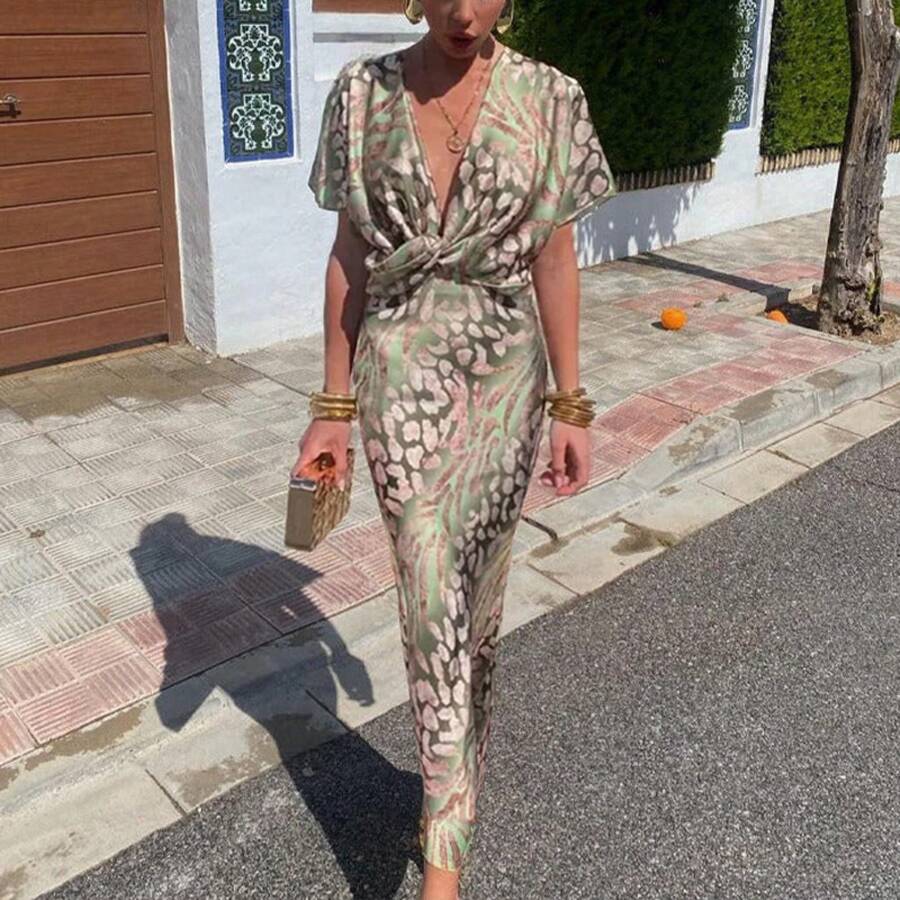 2026 Women's Clothing European And American Spring New Fashion Tight-Fitting Printed Twist Knot Sexy V-Neck Dress - 圖片色 - 查看 1