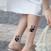 AMIFANS 可爱熊猫图案半永久纹身贴纸，可持续1-2周，持久耐用，果汁纹身，逼真纹身，浪漫纹身，防水，逼真纹身效果，独特设计，水果纹身，植物纹身 - 黑色 - 查看 4