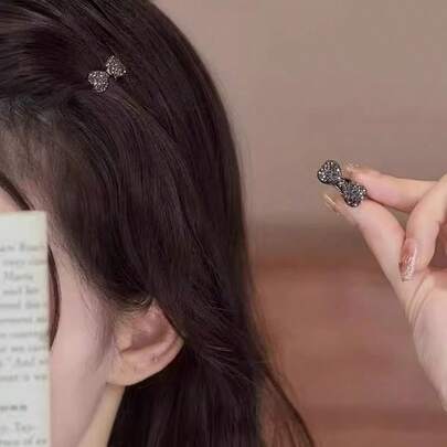 3pcs Korean Delicate Mini Rhinestone Bow Hair Clips, Sweet Front Bangs Side Hairpins Hair Accessories For Women