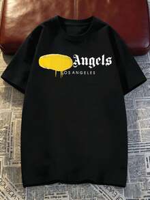 Camiseta Gráfica Yellow Splash Angels Los Angeles, Algodón Suave, Ajuste Cómodo, Estilo Urbano-Hop, Estampado Artístico - Negro - Ver 2
