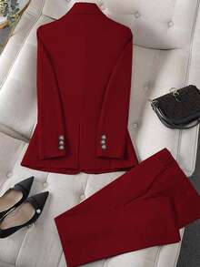 Women's Spring/Summer Fashionable Elegant Solid-Color Single-Layer Unlined Single-Button Long-Sleeve Flat Lapel Waist-Defining Blazer And Pants Two-Piece Set - Burgundy - View 2