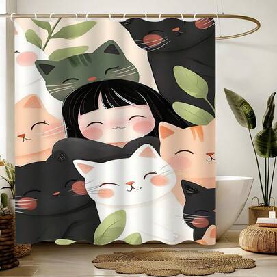 1件可爱卡通猫咪浴帘，时尚卡通动物印花浴帘，适用于各种房间门窗、浴室装饰隔断、浴室配件