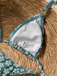 Bikinx Women's Cute High Waist Khaki Ditsy Floral Bikini Set, Tie-Back Design - Green - View 7