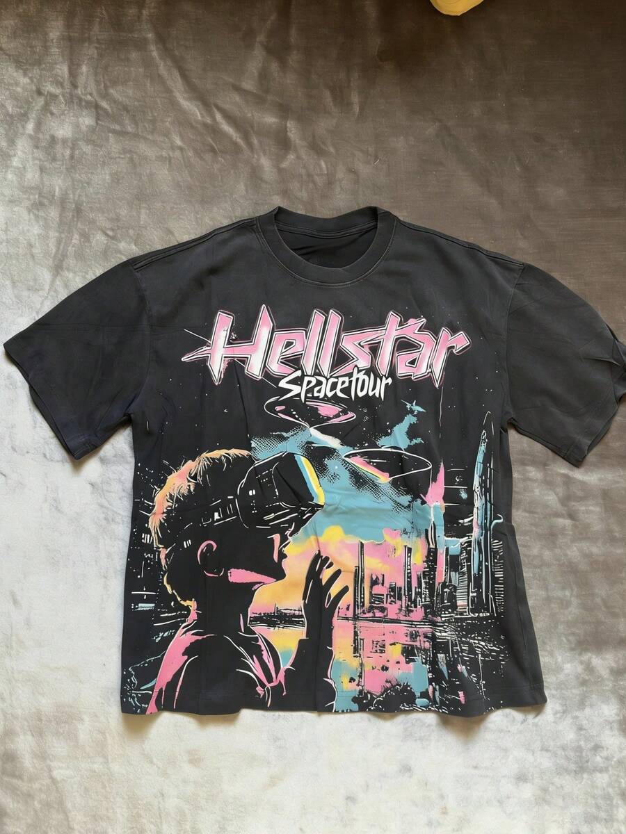 Plus Size Hellstars Space Tour VR Cityscape Y2K Graphic T-Shirt,220g 100% Cotton,Round Neck Short Sleeve,Black Streetwear Essential For Summer Going Out,Unisex Style - Black - View 1