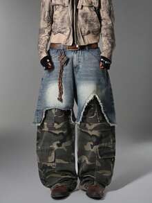 Hong Kong Style Vintage Men's Jeans, Distressed Whisker Multi-Pocket, Patchwork Versatile All-Season Pants (Belt & Accessories Not Included) - Blue - View 7